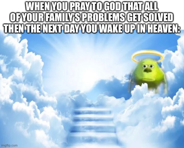 I just thought I’d put this here to put some funny memes in your stream | WHEN YOU PRAY TO GOD THAT ALL OF YOUR FAMILY’S PROBLEMS GET SOLVED THEN THE NEXT DAY YOU WAKE UP IN HEAVEN: | image tagged in sully wazoski heaven | made w/ Imgflip meme maker