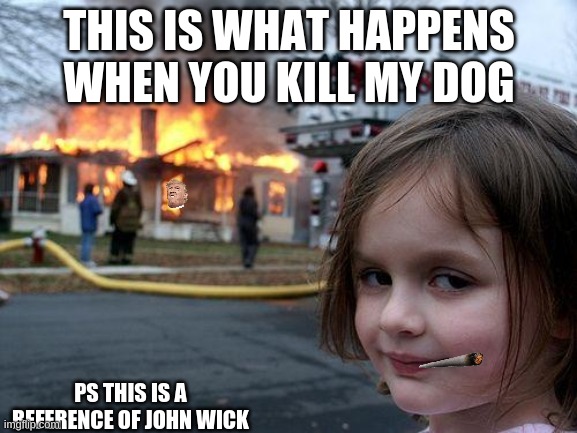 Disaster Girl | THIS IS WHAT HAPPENS WHEN YOU KILL MY DOG; PS THIS IS A REFERENCE OF JOHN WICK | image tagged in memes | made w/ Imgflip meme maker