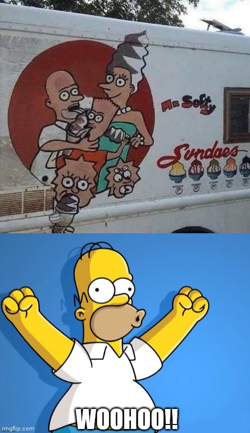A cursed image of the simpsons | WOOHOO!! | image tagged in woohoo homer simpson,cursed image,what a terrible day to have eyes,funny,memes,unsee juice | made w/ Imgflip meme maker