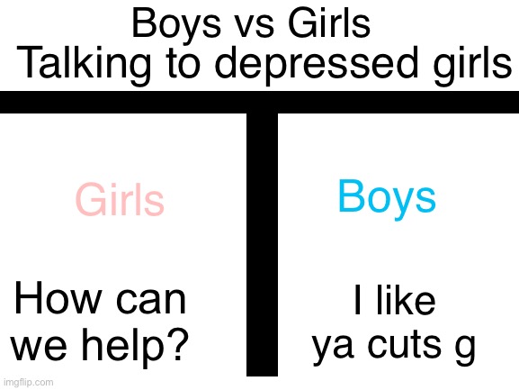It’s but thou truth | Boys vs Girls; Talking to depressed girls; Boys; Girls; How can we help? I like ya cuts g | image tagged in blank white template | made w/ Imgflip meme maker