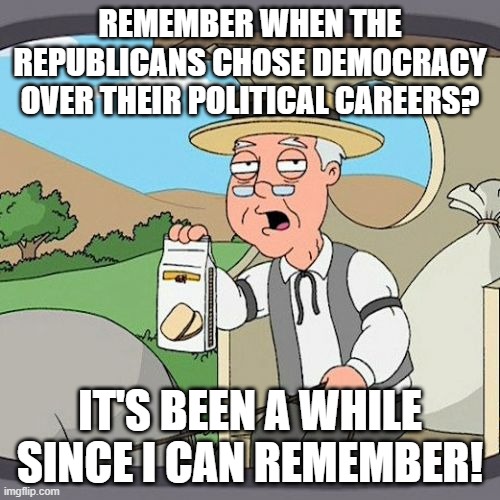 Pepperidge Farm Remembers | REMEMBER WHEN THE REPUBLICANS CHOSE DEMOCRACY OVER THEIR POLITICAL CAREERS? IT'S BEEN A WHILE SINCE I CAN REMEMBER! | image tagged in memes,pepperidge farm remembers | made w/ Imgflip meme maker