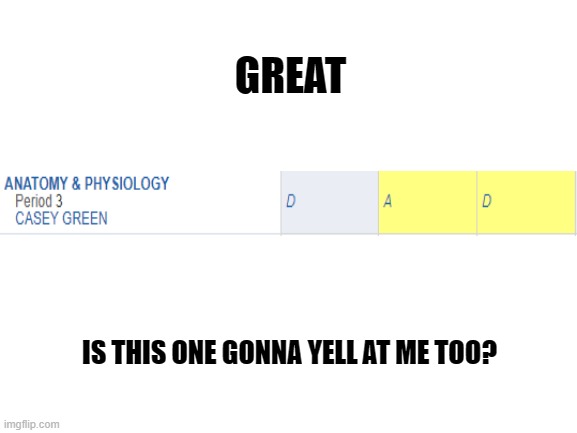 My grade in one of my classes spells "DAD" | GREAT; IS THIS ONE GONNA YELL AT ME TOO? | image tagged in blank white template | made w/ Imgflip meme maker