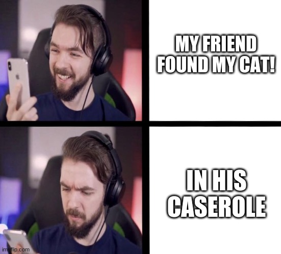 I hear it tastes like pork | MY FRIEND FOUND MY CAT! IN HIS CASEROLE | image tagged in jacksepticeye | made w/ Imgflip meme maker