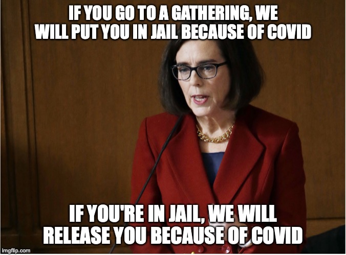 Oregon's Kate Brown | IF YOU GO TO A GATHERING, WE WILL PUT YOU IN JAIL BECAUSE OF COVID; IF YOU'RE IN JAIL, WE WILL RELEASE YOU BECAUSE OF COVID | image tagged in tyrant kate brown,covid,thanksgiving | made w/ Imgflip meme maker