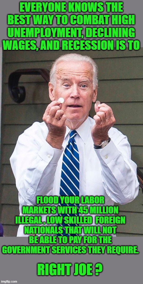 Joe Biden | EVERYONE KNOWS THE BEST WAY TO COMBAT HIGH UNEMPLOYMENT, DECLINING WAGES, AND RECESSION IS TO; FLOOD YOUR LABOR MARKETS WITH 45 MILLION ILLEGAL , LOW SKILLED  FOREIGN NATIONALS THAT WILL NOT BE ABLE TO PAY FOR THE GOVERNMENT SERVICES THEY REQUIRE. RIGHT JOE ? | image tagged in joe biden,illegal immigration,democrats,communism | made w/ Imgflip meme maker