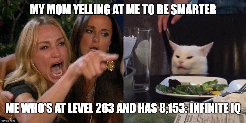 Woman yelling at cat | MY MOM YELLING AT ME TO BE SMARTER ME WHO'S AT LEVEL 263 AND HAS 8,153: INFINITE IQ | image tagged in woman yelling at cat | made w/ Imgflip meme maker