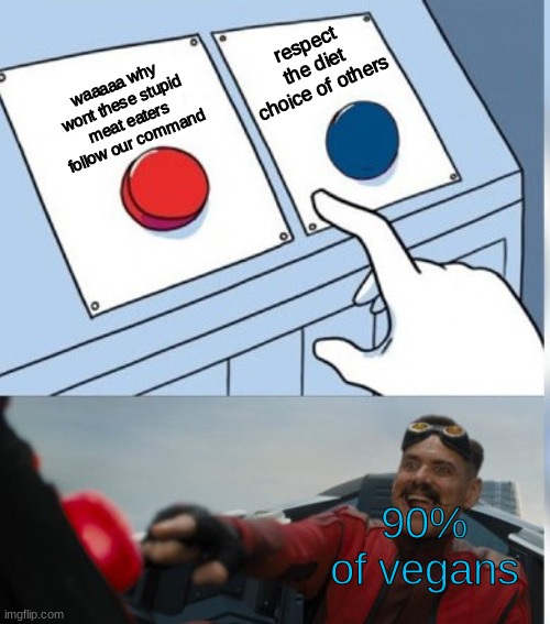 Two Buttons Eggman | waaaaa why wont these stupid meat eaters follow our command respect the diet choice of others 90% of vegans | image tagged in two buttons eggman | made w/ Imgflip meme maker