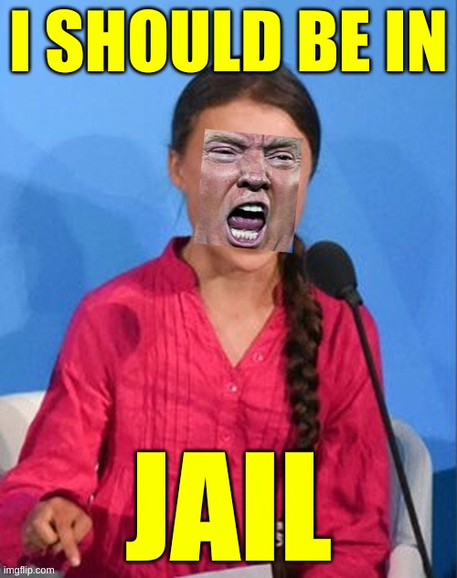 greta donald thunberg trump how dare you | I SHOULD BE IN; JAIL | image tagged in greta donald thunberg trump how dare you,jail,i should be in school,trump lost,election fraud,face swap | made w/ Imgflip meme maker