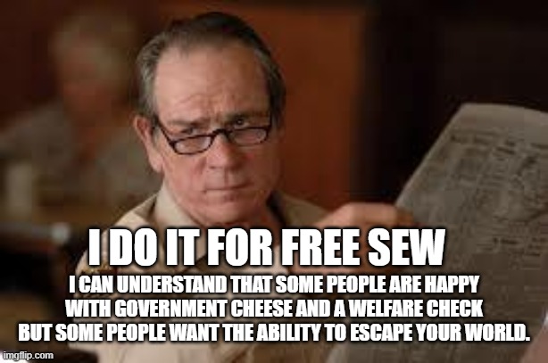 no country for old men tommy lee jones | I DO IT FOR FREE SEW I CAN UNDERSTAND THAT SOME PEOPLE ARE HAPPY WITH GOVERNMENT CHEESE AND A WELFARE CHECK BUT SOME PEOPLE WANT THE ABILITY | image tagged in no country for old men tommy lee jones | made w/ Imgflip meme maker
