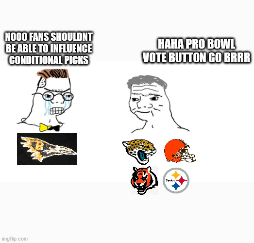 nooo haha go brrr | NOOO FANS SHOULDNT BE ABLE TO INFLUENCE CONDITIONAL PICKS; HAHA PRO BOWL VOTE BUTTON GO BRRR | image tagged in nooo haha go brrr | made w/ Imgflip meme maker