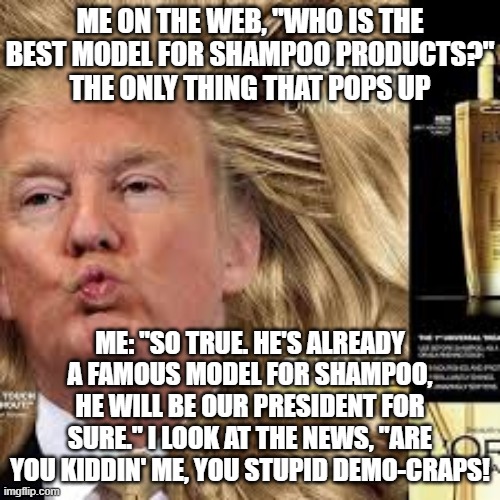 ME ON THE WEB, "WHO IS THE BEST MODEL FOR SHAMPOO PRODUCTS?"
THE ONLY THING THAT POPS UP; ME: "SO TRUE. HE'S ALREADY A FAMOUS MODEL FOR SHAMPOO, HE WILL BE OUR PRESIDENT FOR SURE." I LOOK AT THE NEWS, "ARE YOU KIDDIN' ME, YOU STUPID DEMO-CRAPS! | image tagged in donald trump | made w/ Imgflip meme maker