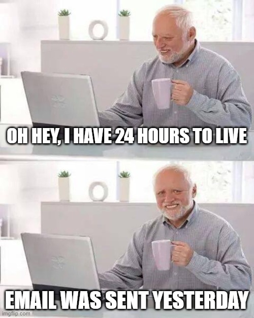 Bruh moment | OH HEY, I HAVE 24 HOURS TO LIVE; EMAIL WAS SENT YESTERDAY | image tagged in memes,hide the pain harold | made w/ Imgflip meme maker