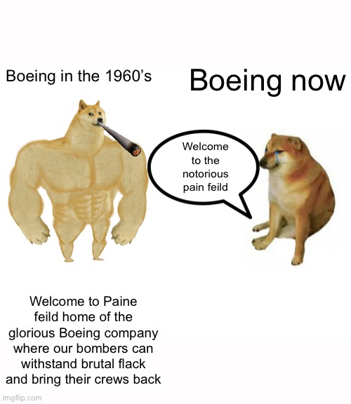 Buff Doge vs. Cheems | Boeing now; Boeing in the 1960’s; Welcome to the notorious pain feild; Welcome to Paine feild home of the glorious Boeing company where our bombers can withstand brutal flack and bring their crews back | image tagged in memes,buff doge vs cheems | made w/ Imgflip meme maker