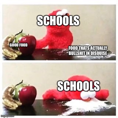 elmo cocaine | SCHOOLS; GOOD FOOD; FOOD THATS ACTUALLY BULLSHIT IN DISQUISE; SCHOOLS | image tagged in elmo cocaine | made w/ Imgflip meme maker