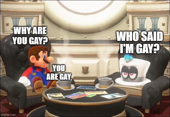 Cappy gets an interview from Mario | WHO SAID I'M GAY? WHY ARE YOU GAY? YOU ARE GAY | image tagged in mario and cappy | made w/ Imgflip meme maker
