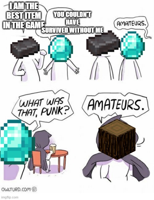 Amateurs | YOU COULDN'T HAVE SURVIVED WITHOUT ME; I AM THE BEST ITEM IN THE GAME | image tagged in amateurs | made w/ Imgflip meme maker
