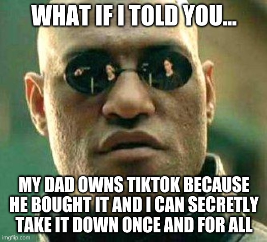 What if i told you | WHAT IF I TOLD YOU... MY DAD OWNS TIKTOK BECAUSE HE BOUGHT IT AND I CAN SECRETLY TAKE IT DOWN ONCE AND FOR ALL | image tagged in what if i told you | made w/ Imgflip meme maker