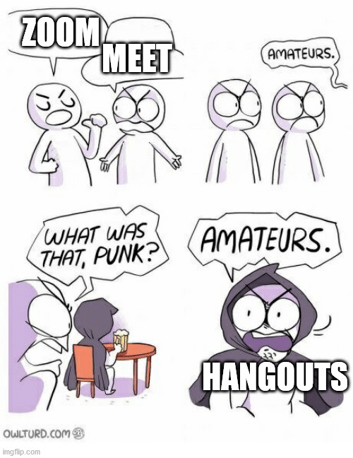 Amateurs | ZOOM; MEET; HANGOUTS | image tagged in amateurs | made w/ Imgflip meme maker