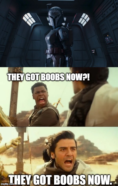 Blewbz Now | THEY GOT BOOBS NOW?! THEY GOT BOOBS NOW. | image tagged in they fly now,the mandalorian,finn and poe,star wars,boobs | made w/ Imgflip meme maker