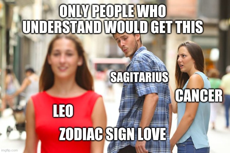 life | ONLY PEOPLE WHO UNDERSTAND WOULD GET THIS; SAGITARIUS; CANCER; LEO; ZODIAC SIGN LOVE | image tagged in memes,distracted boyfriend | made w/ Imgflip meme maker