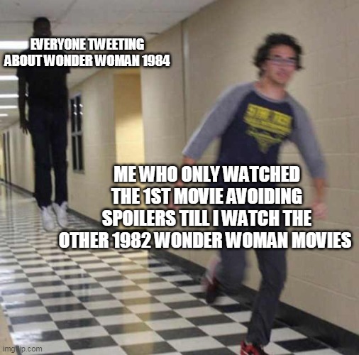 She had HOW MANY SEQUELS!? | EVERYONE TWEETING ABOUT WONDER WOMAN 1984; ME WHO ONLY WATCHED THE 1ST MOVIE AVOIDING SPOILERS TILL I WATCH THE OTHER 1982 WONDER WOMAN MOVIES | image tagged in floating boy chasing running boy,wonder woman,dc comics,dceu,superheroes | made w/ Imgflip meme maker