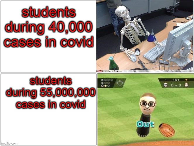 Dumb decision for schools to reopen at more cases. | students during 40,000 cases in covid; students during 55,000,000 cases in covid | image tagged in memes | made w/ Imgflip meme maker