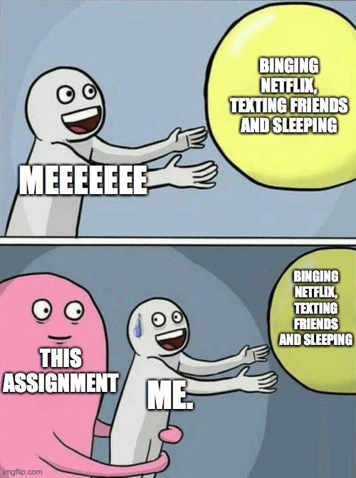 Running Away Balloon Meme | BINGING NETFLIX, TEXTING FRIENDS AND SLEEPING; MEEEEEEE; BINGING NETFLIX, TEXTING FRIENDS AND SLEEPING; THIS ASSIGNMENT; ME. | image tagged in memes,running away balloon | made w/ Imgflip meme maker