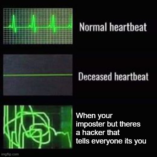 so annoying | When your imposter but theres a hacker that tells everyone its you | image tagged in heartbeat rate | made w/ Imgflip meme maker