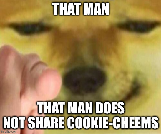 alkdjalf | THAT MAN; THAT MAN DOES NOT SHARE COOKIE-CHEEMS | image tagged in cheems pointing at you | made w/ Imgflip meme maker