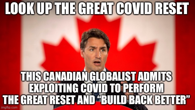 Globalist seize power | LOOK UP THE GREAT COVID RESET; THIS CANADIAN GLOBALIST ADMITS EXPLOITING COVID TO PERFORM THE GREAT RESET AND “BUILD BACK BETTER” | image tagged in justin trudeau,globalism,globalists,traitor | made w/ Imgflip meme maker