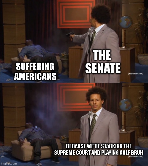 We know. Just wait for midterms. | THE 
SENATE; SUFFERING
AMERICANS; BECAUSE WE'RE STACKING THE SUPREME COURT AND PLAYING GOLF BRUH | image tagged in congress,stimulus,covid19,americans,senate,mitch mcconnell | made w/ Imgflip meme maker
