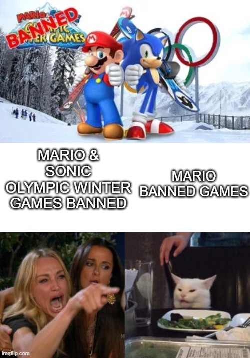 MARIO BANNED GAMES; MARIO & SONIC OLYMPIC WINTER GAMES BANNED | image tagged in woman yelling at cat | made w/ Imgflip meme maker