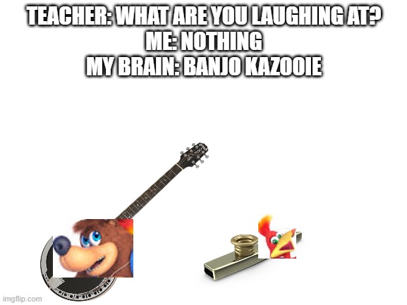 Banjo and Kazoo | TEACHER: WHAT ARE YOU LAUGHING AT?
ME: NOTHING
MY BRAIN: BANJO KAZOOIE | image tagged in blank white template | made w/ Imgflip meme maker