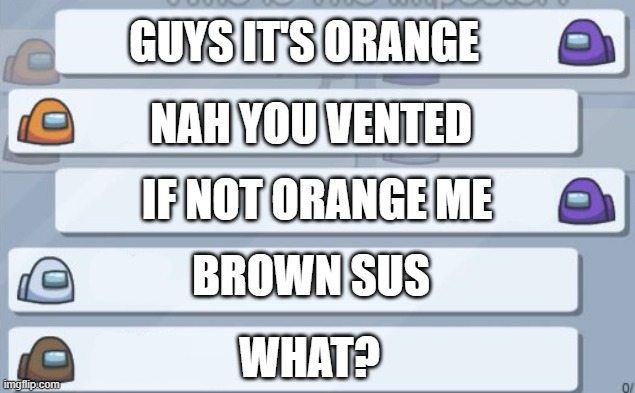 among us chat | GUYS IT'S ORANGE; NAH YOU VENTED; IF NOT ORANGE ME; BROWN SUS; WHAT? | image tagged in among us chat | made w/ Imgflip meme maker