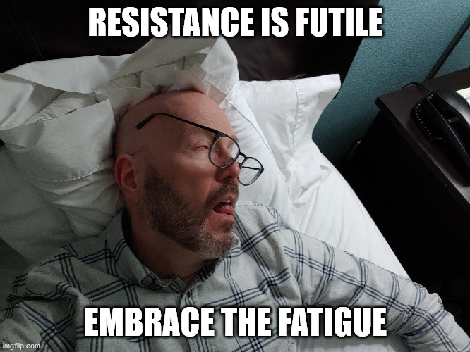Embrace the Fatigue | RESISTANCE IS FUTILE; EMBRACE THE FATIGUE | image tagged in exhausted | made w/ Imgflip meme maker
