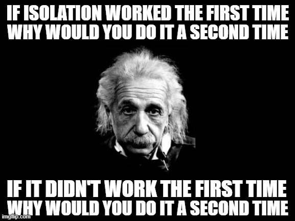 substitite lockdowns for isolation~ not an Einstein quote | IF ISOLATION WORKED THE FIRST TIME; WHY WOULD YOU DO IT A SECOND TIME; IF IT DIDN'T WORK THE FIRST TIME; WHY WOULD YOU DO IT A SECOND TIME | image tagged in deep thoughts | made w/ Imgflip meme maker