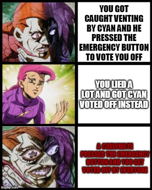 NOOOO | YOU GOT CAUGHT VENTING BY CYAN AND HE PRESSED THE EMERGENCY BUTTON TO VOTE YOU OFF; YOU LIED A LOT AND GOT CYAN VOTED OFF INSTEAD; A CREWMATE PRESSED THE EMERGENCY BUTTON AND YOU GET VOTED OFF BY EVERYONE | image tagged in jojo doppio,emergency meeting among us,funny,poor guy,funny memes | made w/ Imgflip meme maker