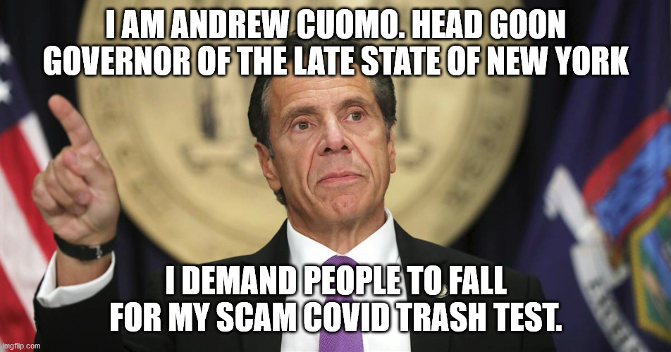The Governor of the Former State of New York | I AM ANDREW CUOMO. HEAD GOON GOVERNOR OF THE LATE STATE OF NEW YORK; I DEMAND PEOPLE TO FALL FOR MY SCAM COVID TRASH TEST. | image tagged in andrew cuomo,goon,thug,democrats,governor | made w/ Imgflip meme maker