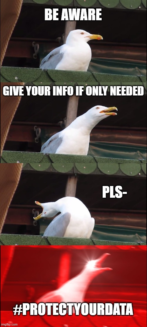 data privacy | BE AWARE; GIVE YOUR INFO IF ONLY NEEDED; PLS-; #PROTECTYOURDATA | image tagged in memes,inhaling seagull | made w/ Imgflip meme maker