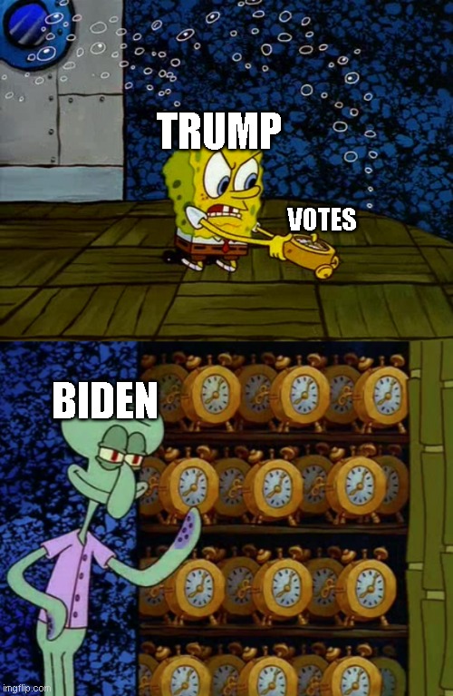Delaying the inevitable | VOTES; TRUMP; BIDEN | image tagged in spongebob vs squidward alarm clocks,trump,biden,votes,election 2020,funny | made w/ Imgflip meme maker