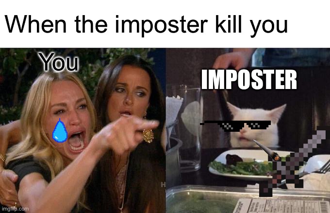 Woman Yelling At Cat Meme | When the imposter kill you; You; IMPOSTER | image tagged in memes,woman yelling at cat | made w/ Imgflip meme maker