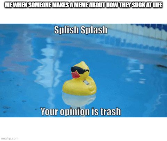 Wholesome, No? | ME WHEN SOMEONE MAKES A MEME ABOUT HOW THEY SUCK AT LIFE | image tagged in splish splash your opinion is trash | made w/ Imgflip meme maker
