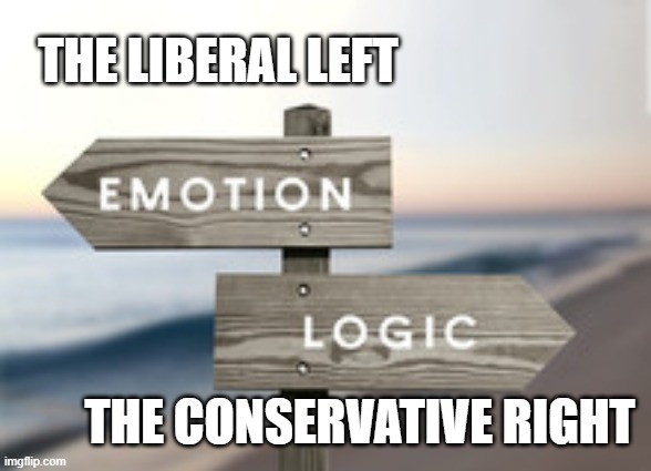 Emotion over Logic? | THE LIBERAL LEFT; THE CONSERVATIVE RIGHT | image tagged in emotion,logic,liberal,conservative,here's your sign | made w/ Imgflip meme maker
