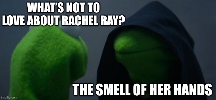 Evil Kermit | WHAT’S NOT TO LOVE ABOUT RACHEL RAY? THE SMELL OF HER HANDS | image tagged in memes,evil kermit,rachel ray,food tv,iron chef | made w/ Imgflip meme maker