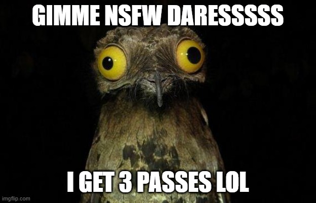Weird Stuff I Do Potoo | GIMME NSFW DARESSSSS; I GET 3 PASSES LOL | image tagged in memes,weird stuff i do potoo | made w/ Imgflip meme maker