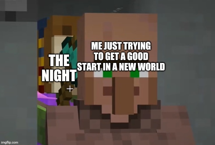 Villager with zombie behind it. | THE NIGHT; ME JUST TRYING TO GET A GOOD START IN A NEW WORLD | image tagged in villager with zombie behind it | made w/ Imgflip meme maker