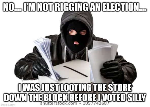 NO.... I’M NOT RIGGING AN ELECTION.... I WAS JUST LOOTING THE STORE DOWN THE BLOCK BEFORE I VOTED SILLY | image tagged in new normal | made w/ Imgflip meme maker