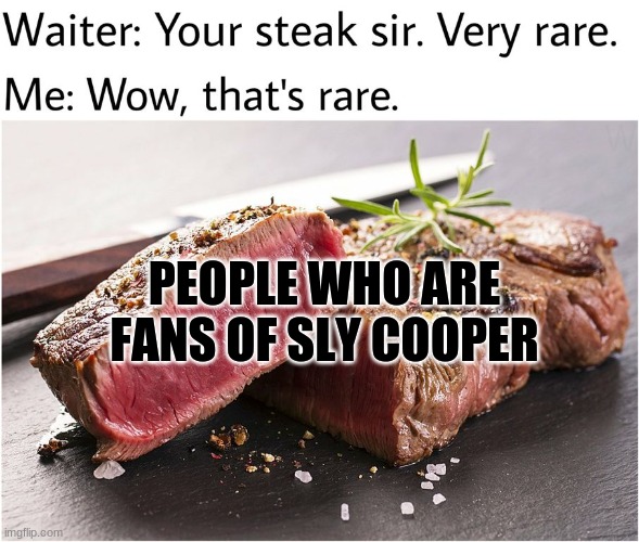 More fans! | PEOPLE WHO ARE FANS OF SLY COOPER | image tagged in rare steak meme,sly cooper | made w/ Imgflip meme maker