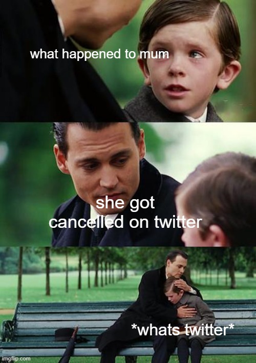 twitter, but from a redditor's perspective | what happened to mum; she got cancelled on twitter; *whats twitter* | image tagged in memes,finding neverland | made w/ Imgflip meme maker