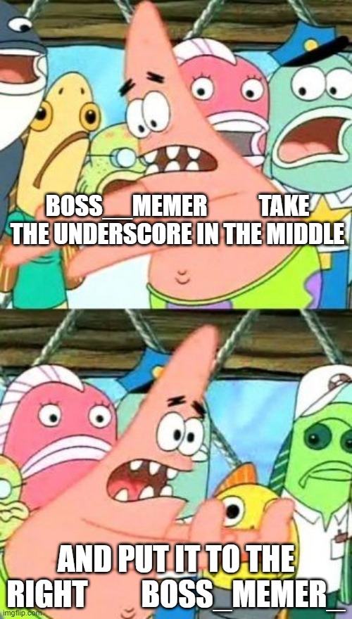 ANOTHER stupid name change     (the more YOU KNOW) | BOSS__MEMER           TAKE THE UNDERSCORE IN THE MIDDLE; AND PUT IT TO THE RIGHT         BOSS_MEMER_ | image tagged in memes,put it somewhere else patrick | made w/ Imgflip meme maker